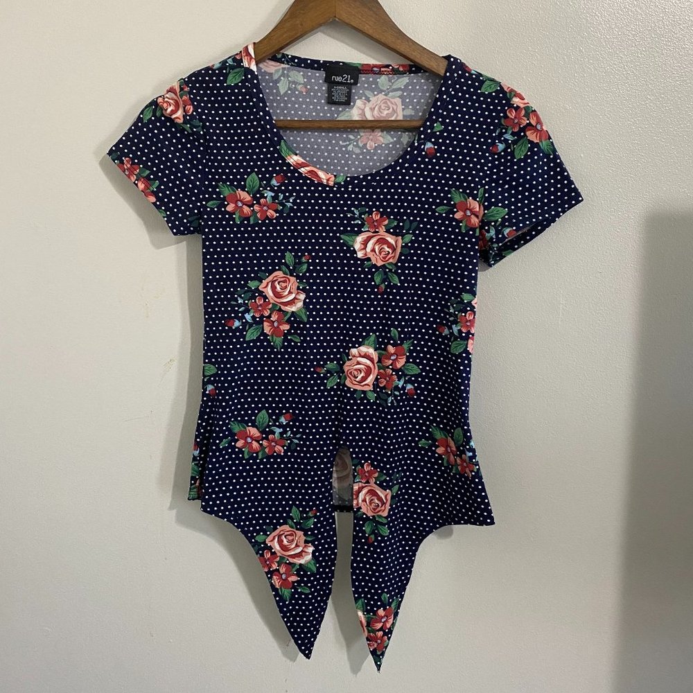 Rue21 Multicolor Polka Dot Floral Blouse Size XS Blue and White